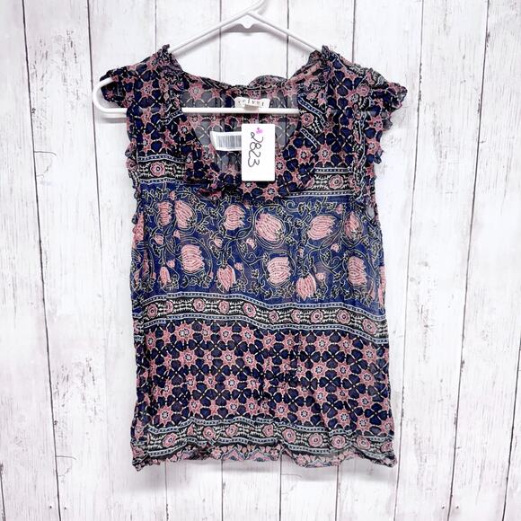 Velvet Shirt Women Size Small Multi Ruffle Scoop Neck Short Sleeve Blouse Boho - Picture 1 of 6